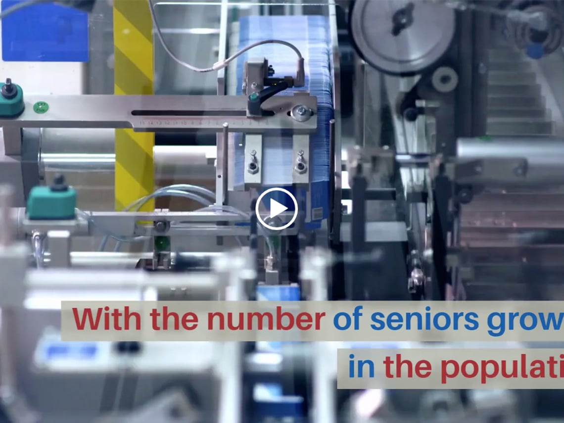 A packaging machine is assembly product with the caption "With the number of seniors growing in population"