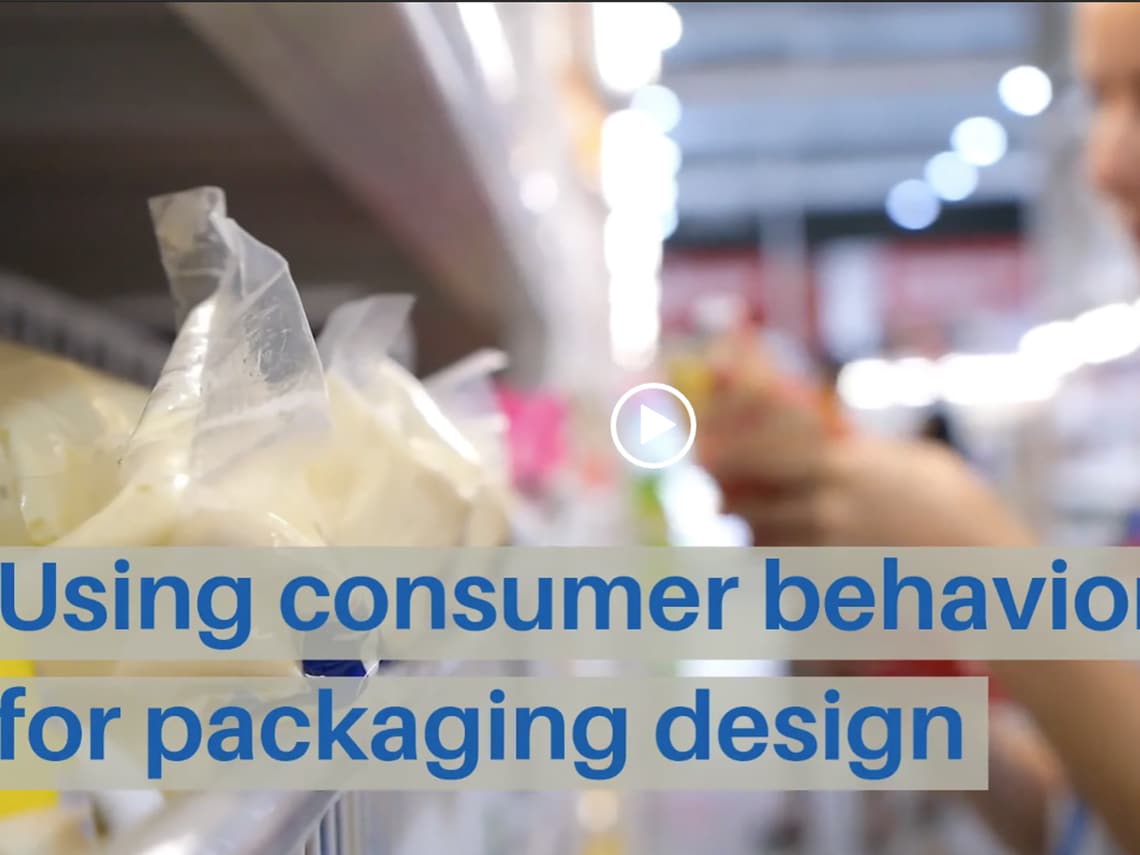A person is grabbing backs of spices from a grocery store shelf with the caption "Using consumer behavior for packaging design"
