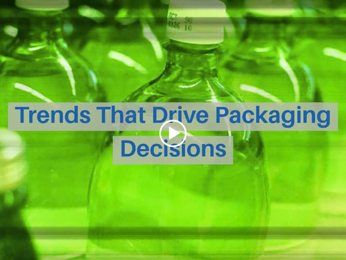 Rows of green bottles with a caption that reads "trends that drive packaging decisions"